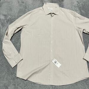 Calvin Klein Shirt Mens 17.5 Toupe Striped Button Long Sleeve